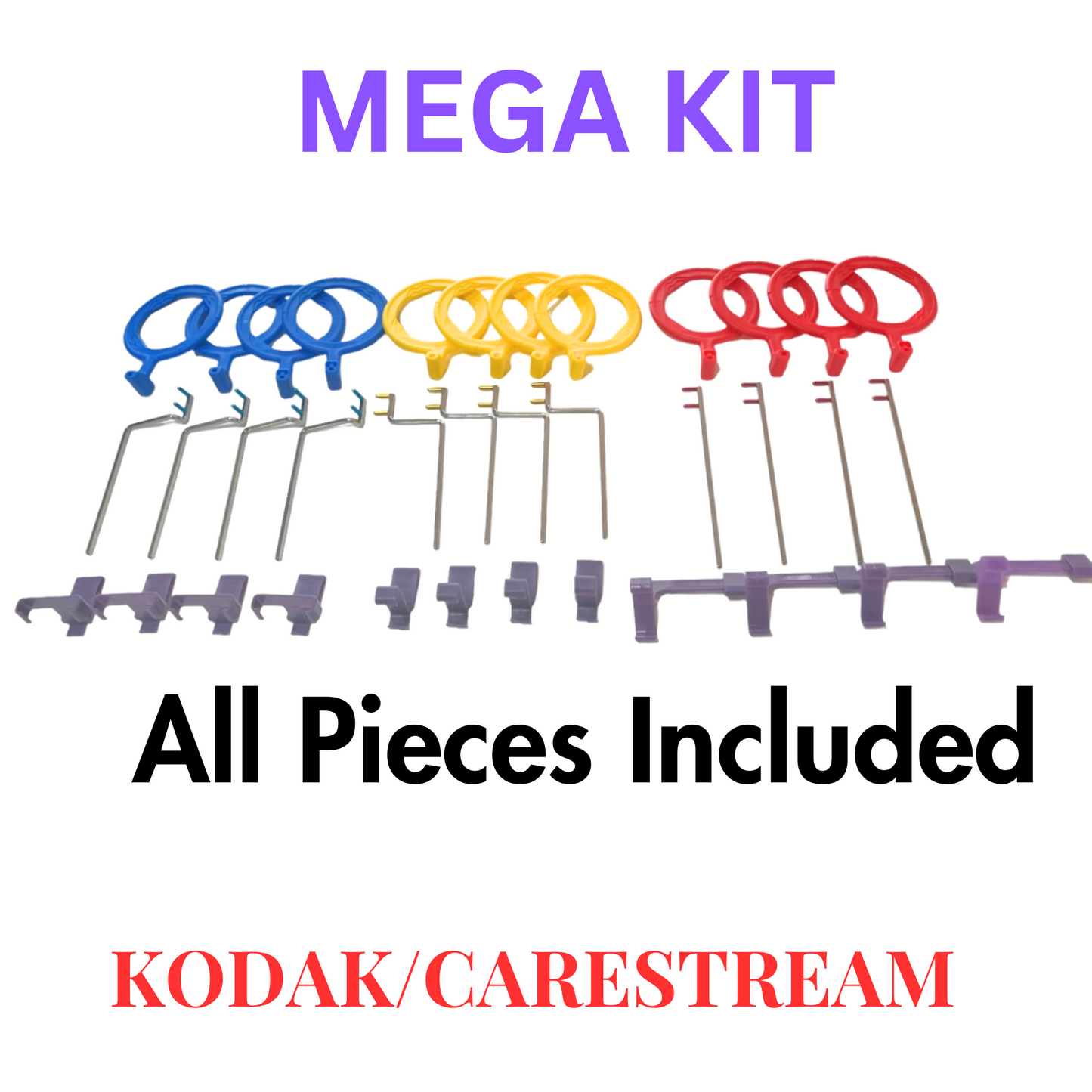 Mega Kit showing all of the includes pieces in blue, yellow, and red