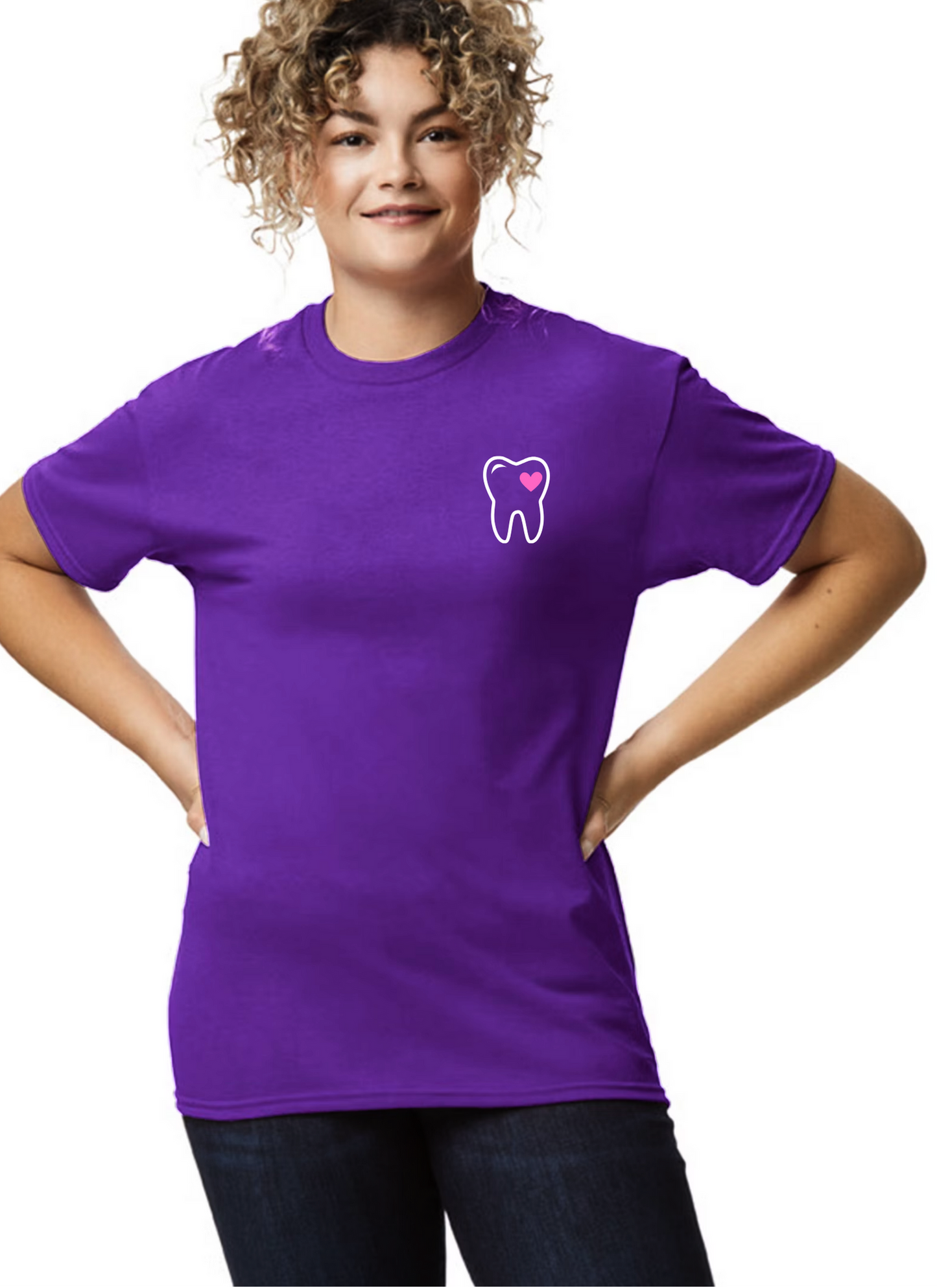 Purple Flossy Possy Shirt with tooth and heart RDH, DDS, DA