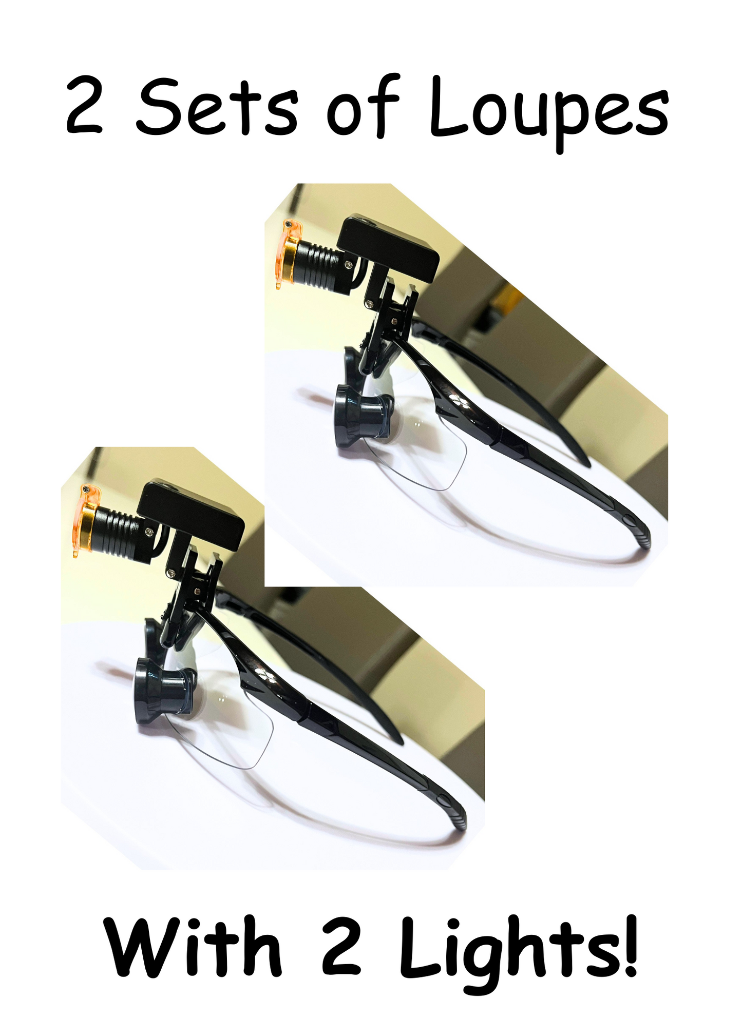 Two sets of black wireless dental loupes with clip-on headlights