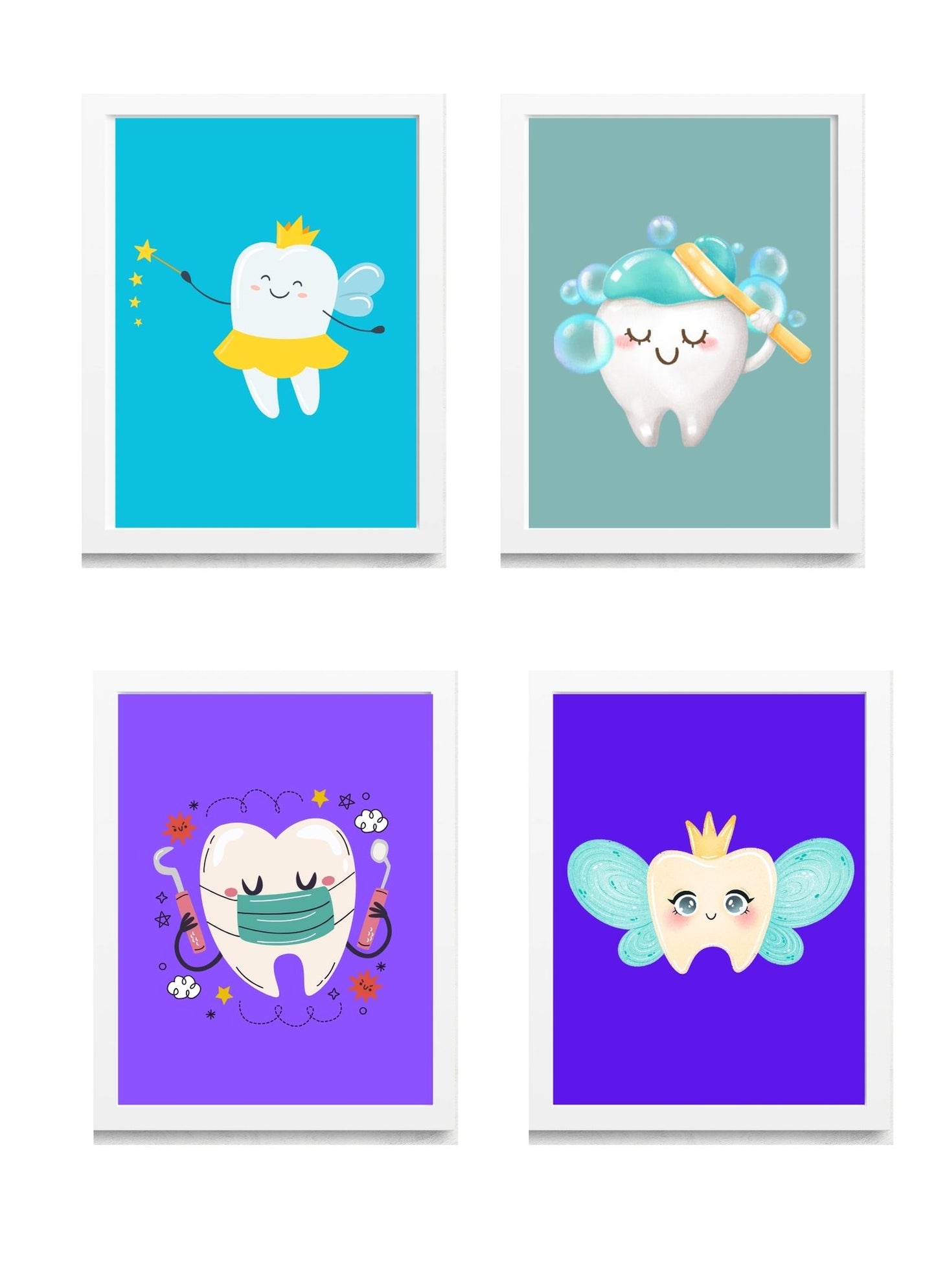 🦷✨ Tooth Character Fun Pack – 4 Pack (Kids Dental Wall Art)