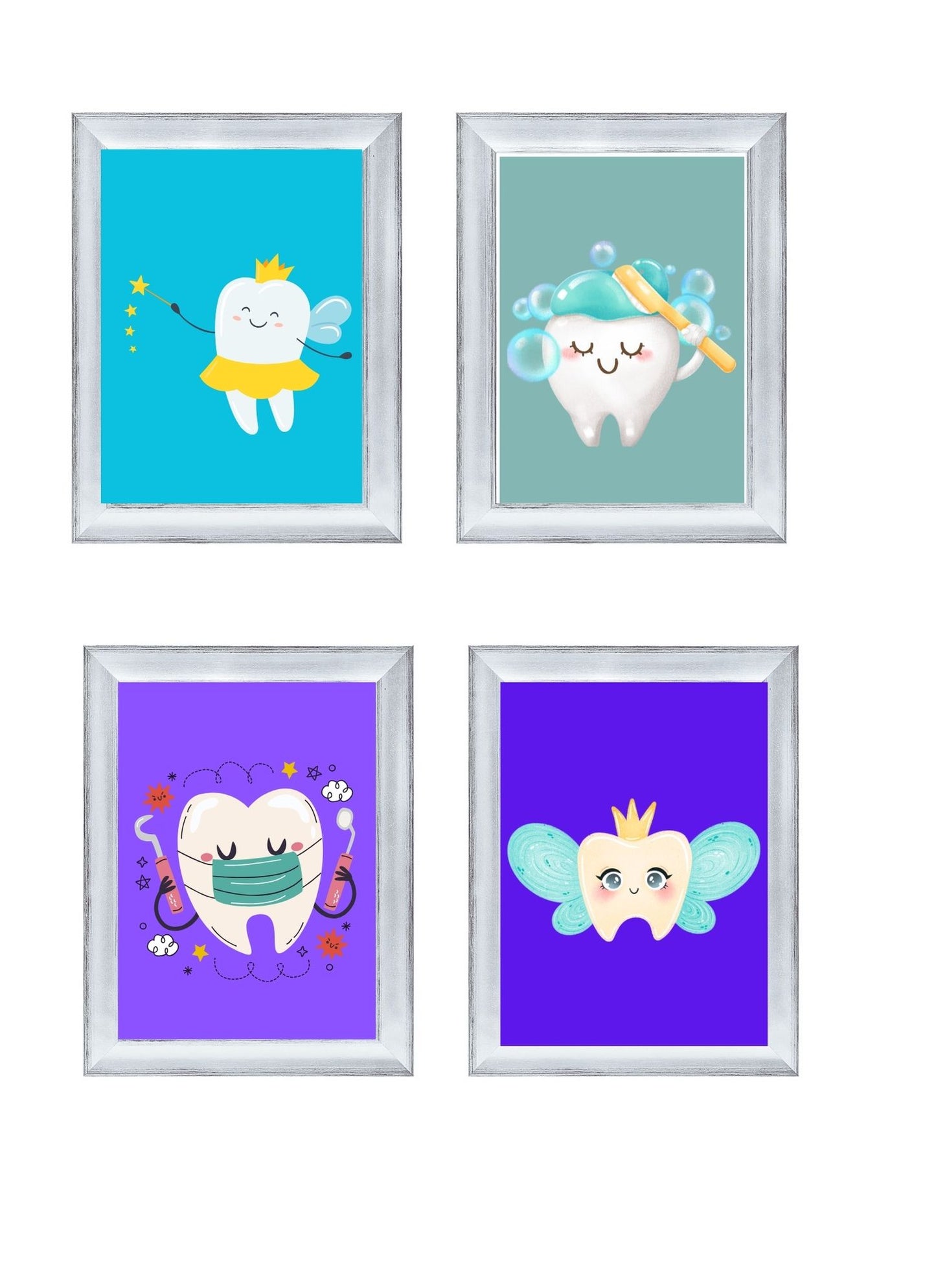 🦷✨ Tooth Character Fun Pack – 4 Pack (Kids Dental Wall Art)