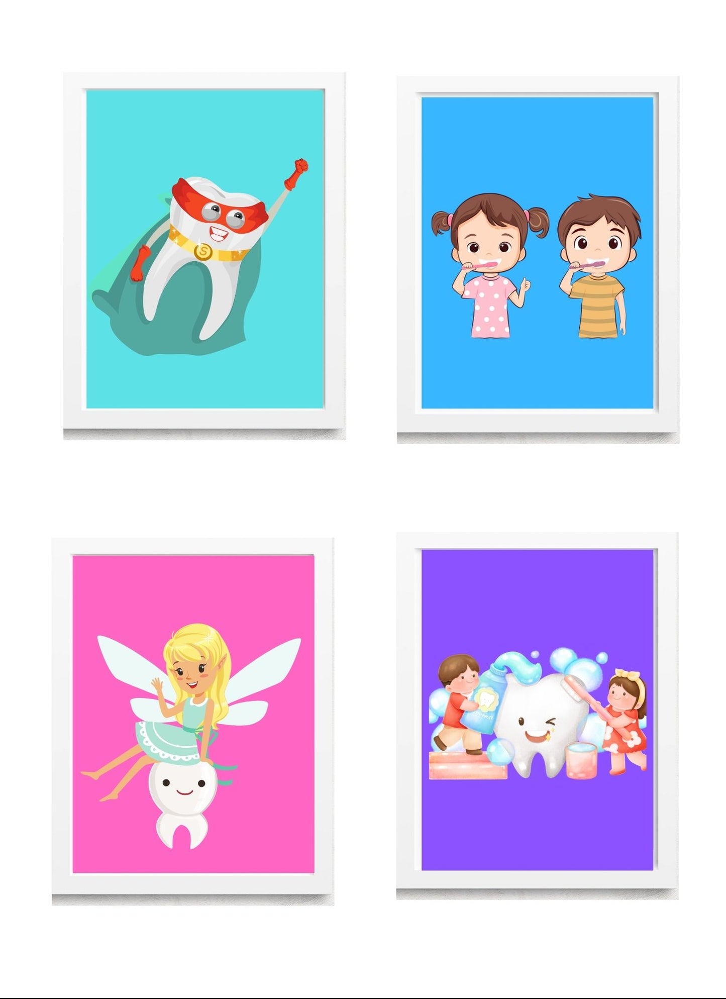 Pediatric Smiles Art Set – 4-Pack Framed Kids Dental Décor