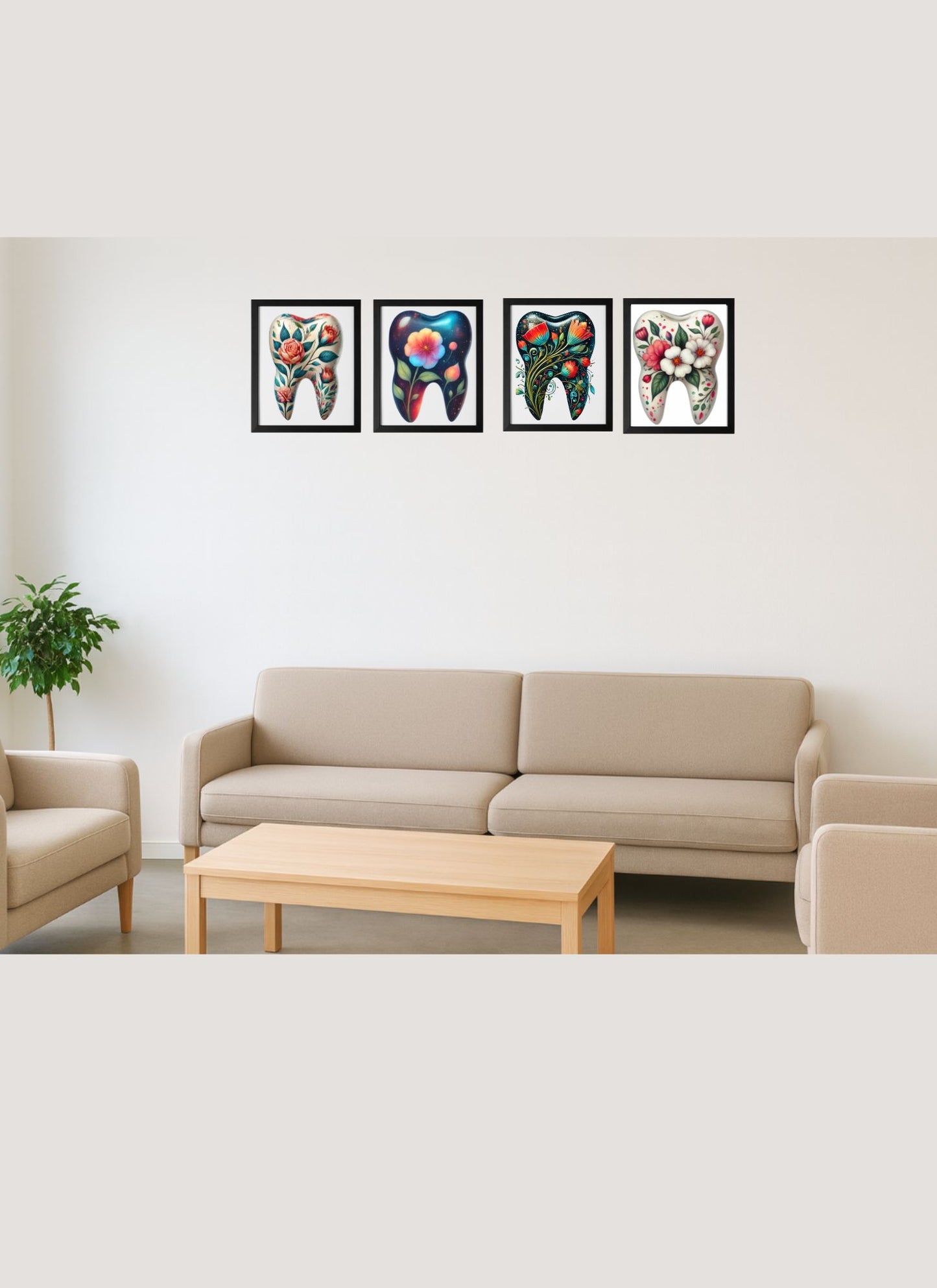 🌸🦷 Floral Tooth Art Pack – 4 Pack (Aesthetic Dental Office Décor)