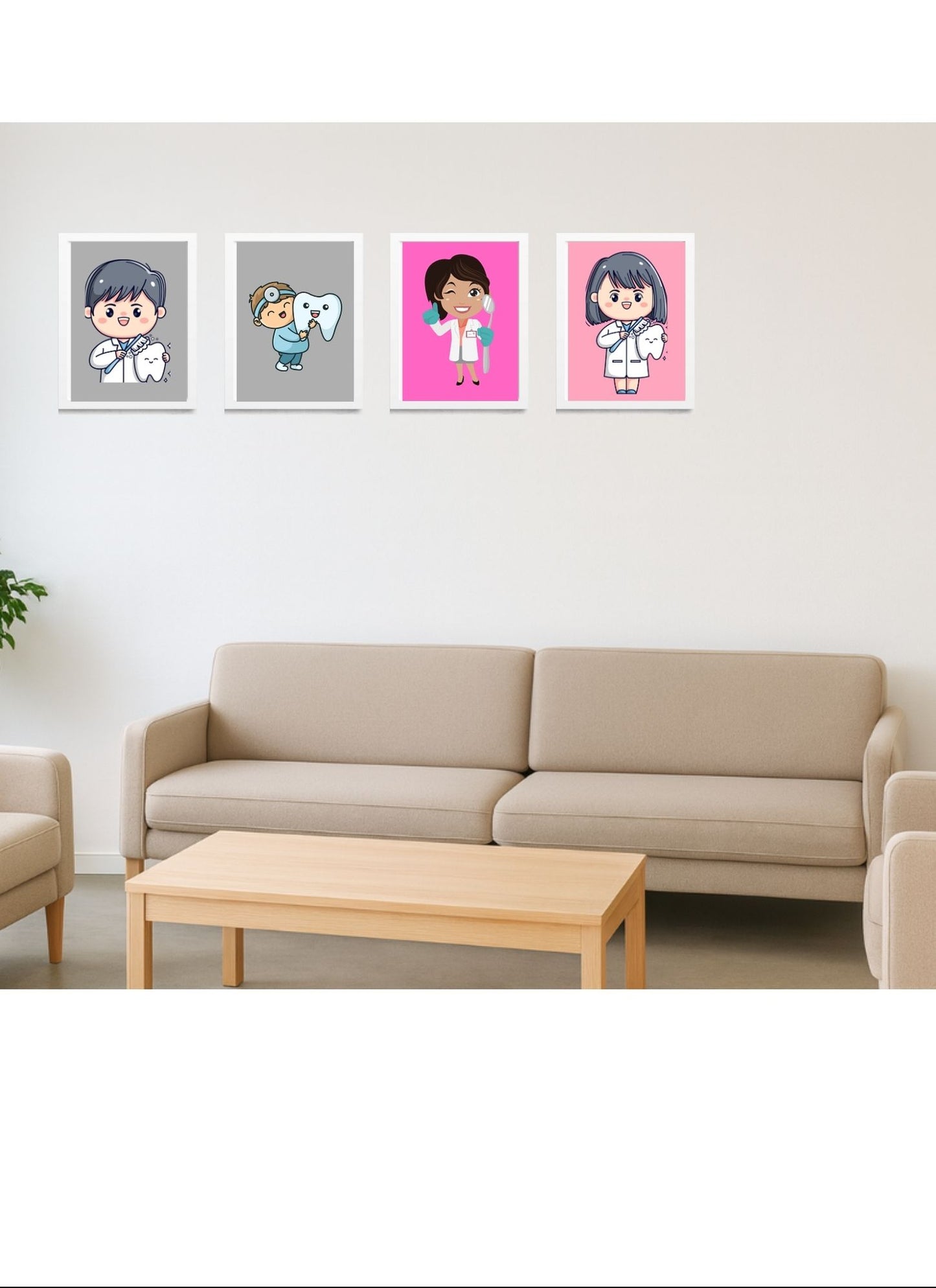 Pediatric Dentist Cartoon Art Frames | Kids Dental Office Wall Décor – Set of 4