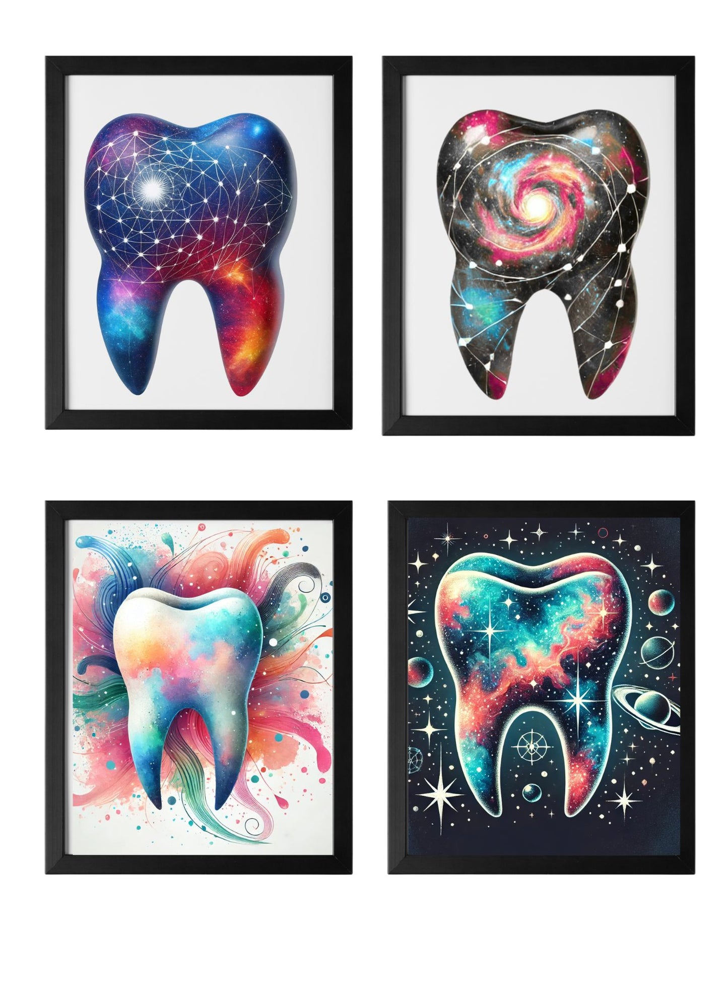 Cosmic Molar Collection – 4-Pack Framed Galaxy Tooth Décor