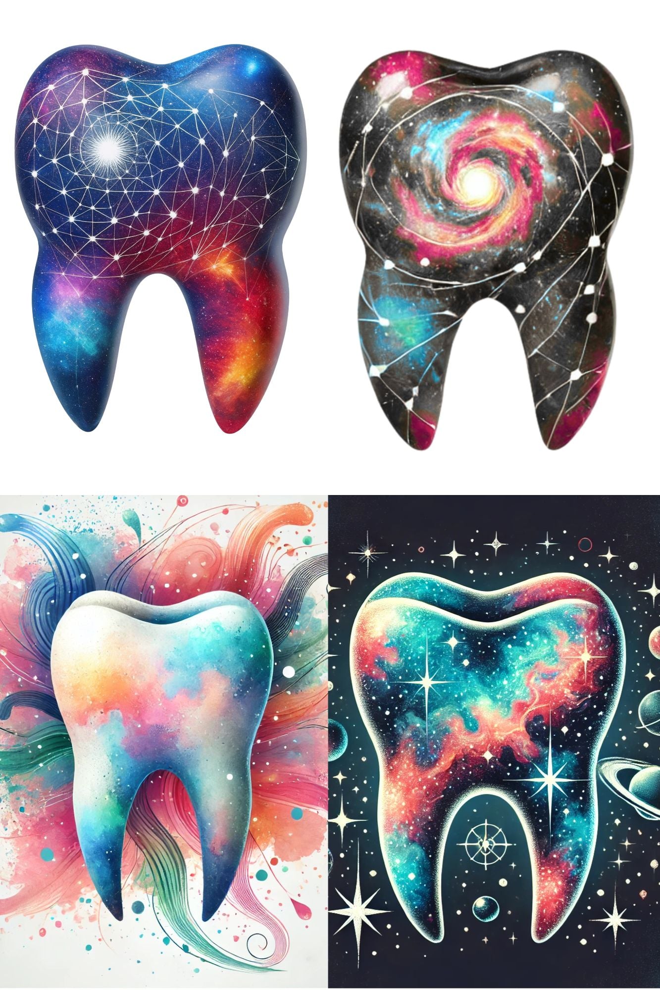 Cosmic Molar Collection – 4-Pack Framed Galaxy Tooth Décor