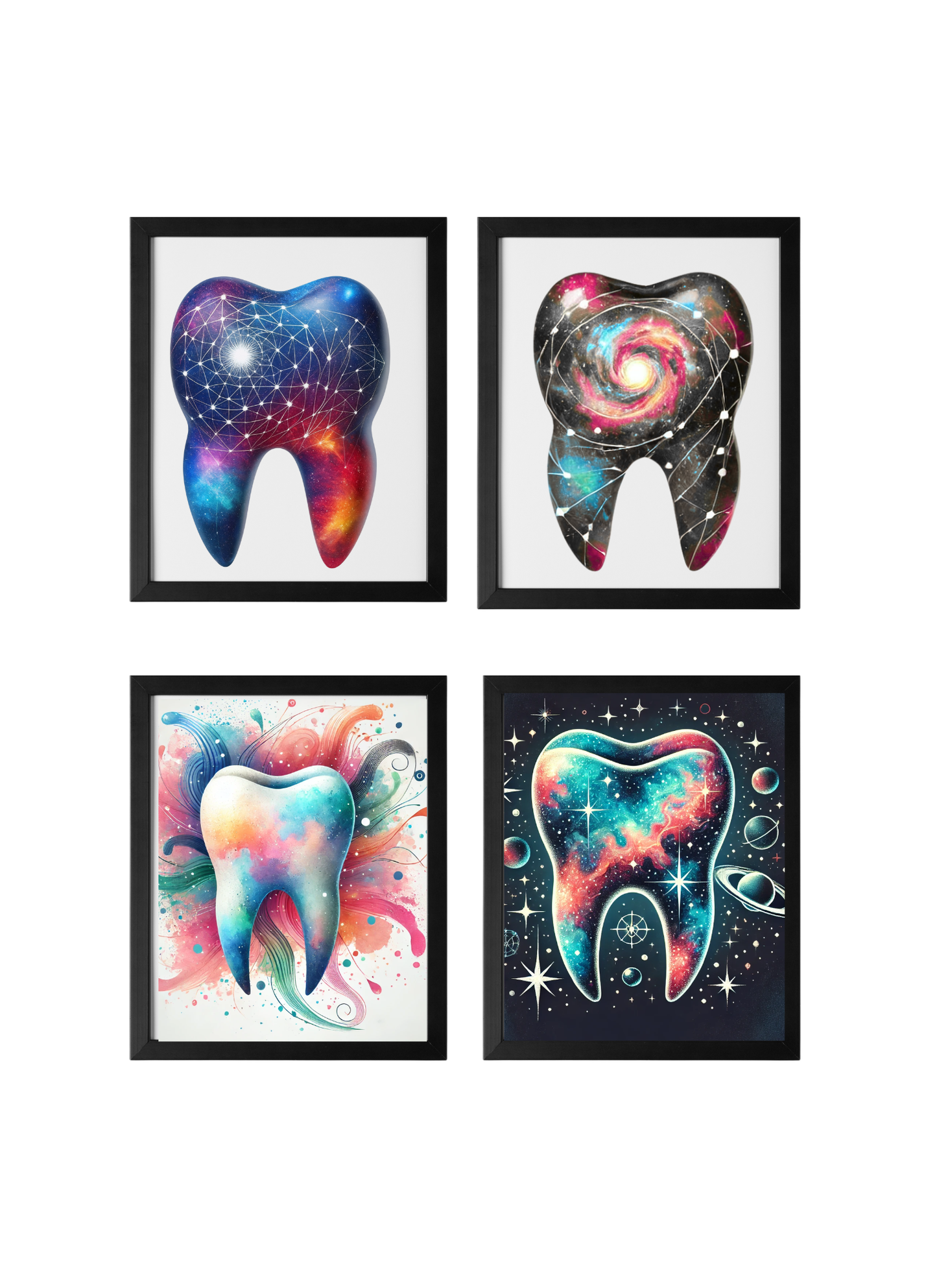 Cosmic Molar Collection – 4-Pack Framed Galaxy Tooth Décor