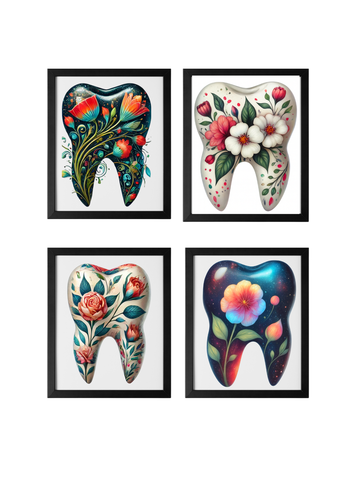 🌸🦷 Floral Tooth Art Pack – 4 Pack (Aesthetic Dental Office Décor)