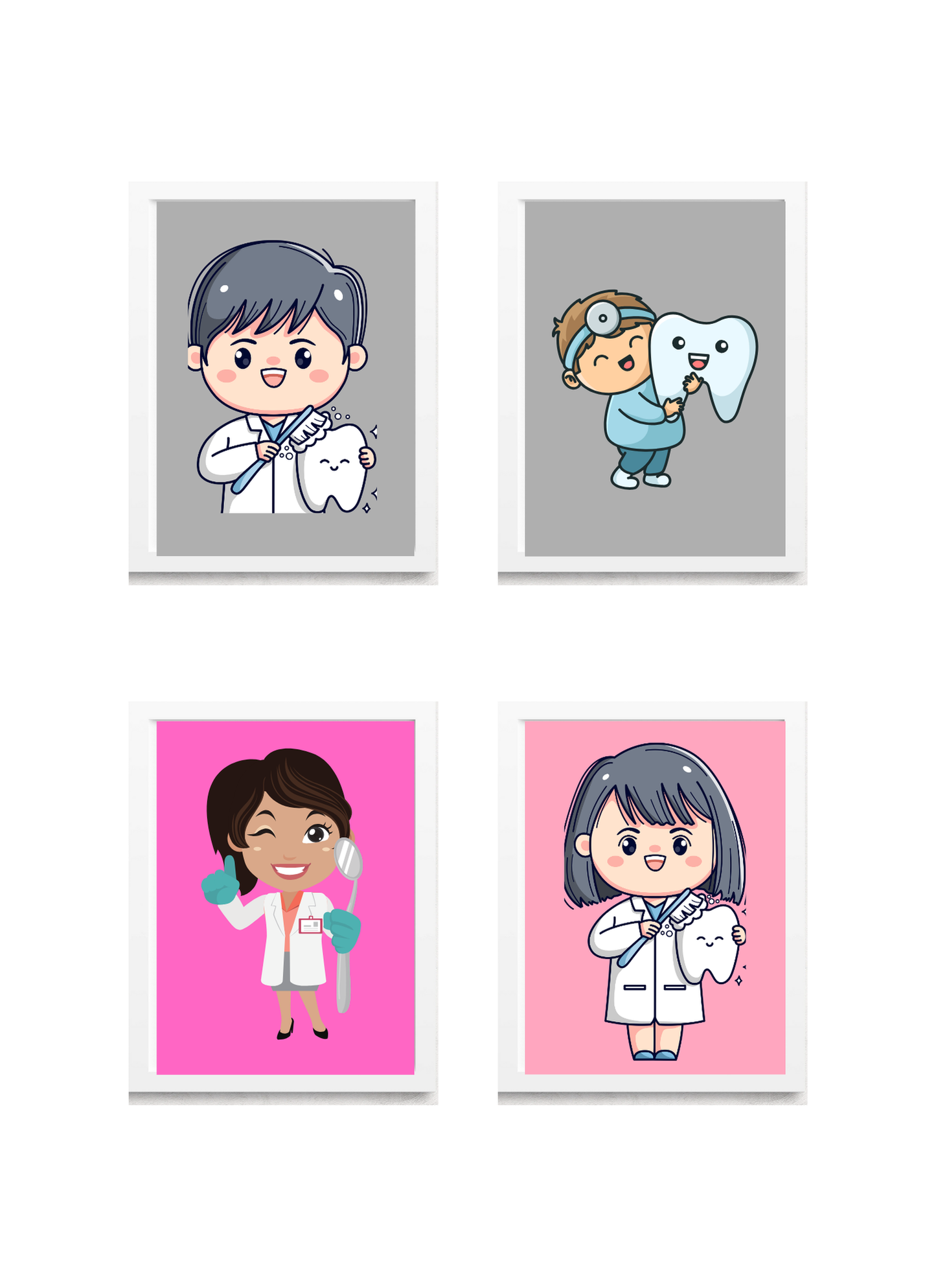 Pediatric Dentist Cartoon Art Frames | Kids Dental Office Wall Décor – Set of 4