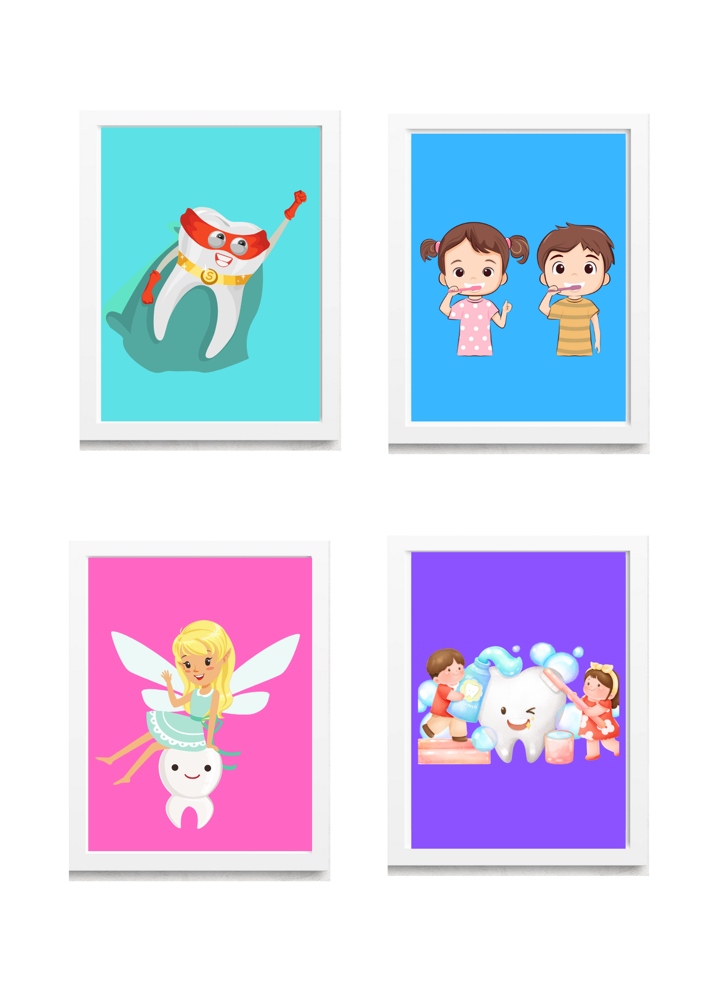 Pediatric Smiles Art Set – 4-Pack Framed Kids Dental Décor