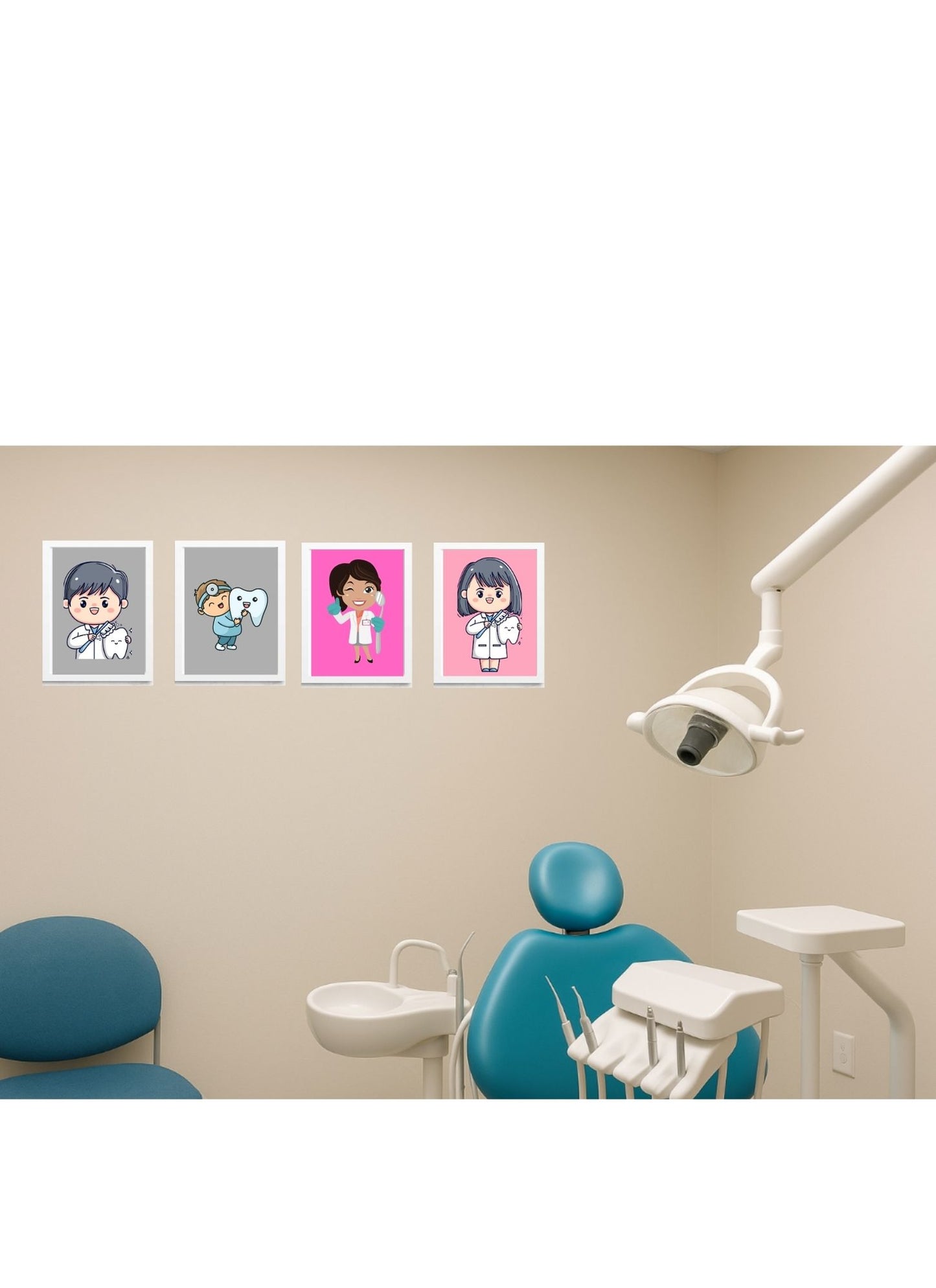 Pediatric Dentist Cartoon Art Frames | Kids Dental Office Wall Décor – Set of 4