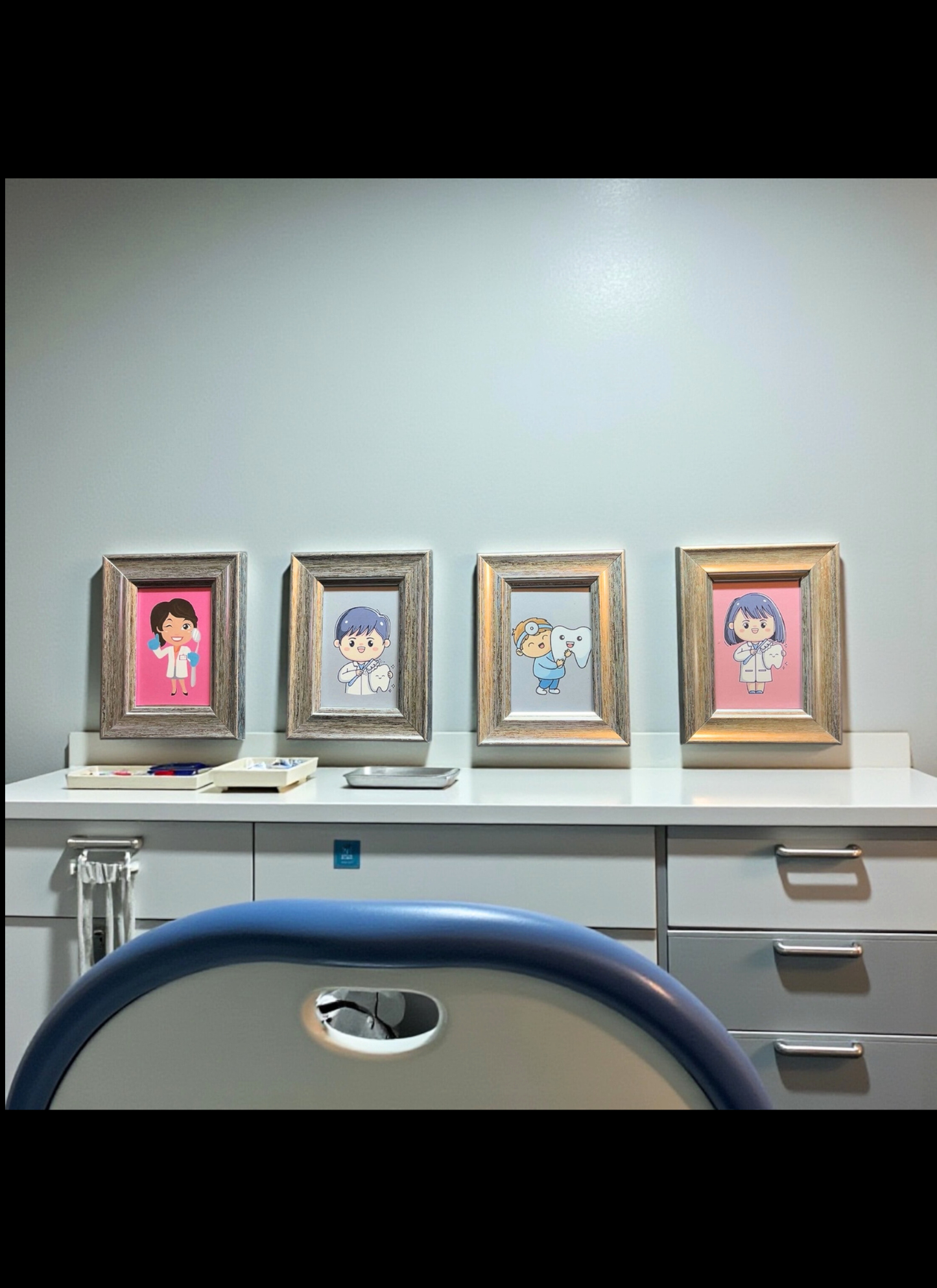 Pediatric Dentist Cartoon Art Frames | Kids Dental Office Wall Décor – Set of 4