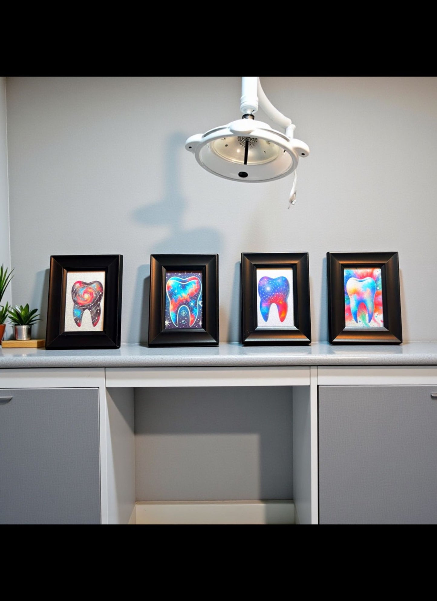 Cosmic Molar Collection – 4-Pack Framed Galaxy Tooth Décor