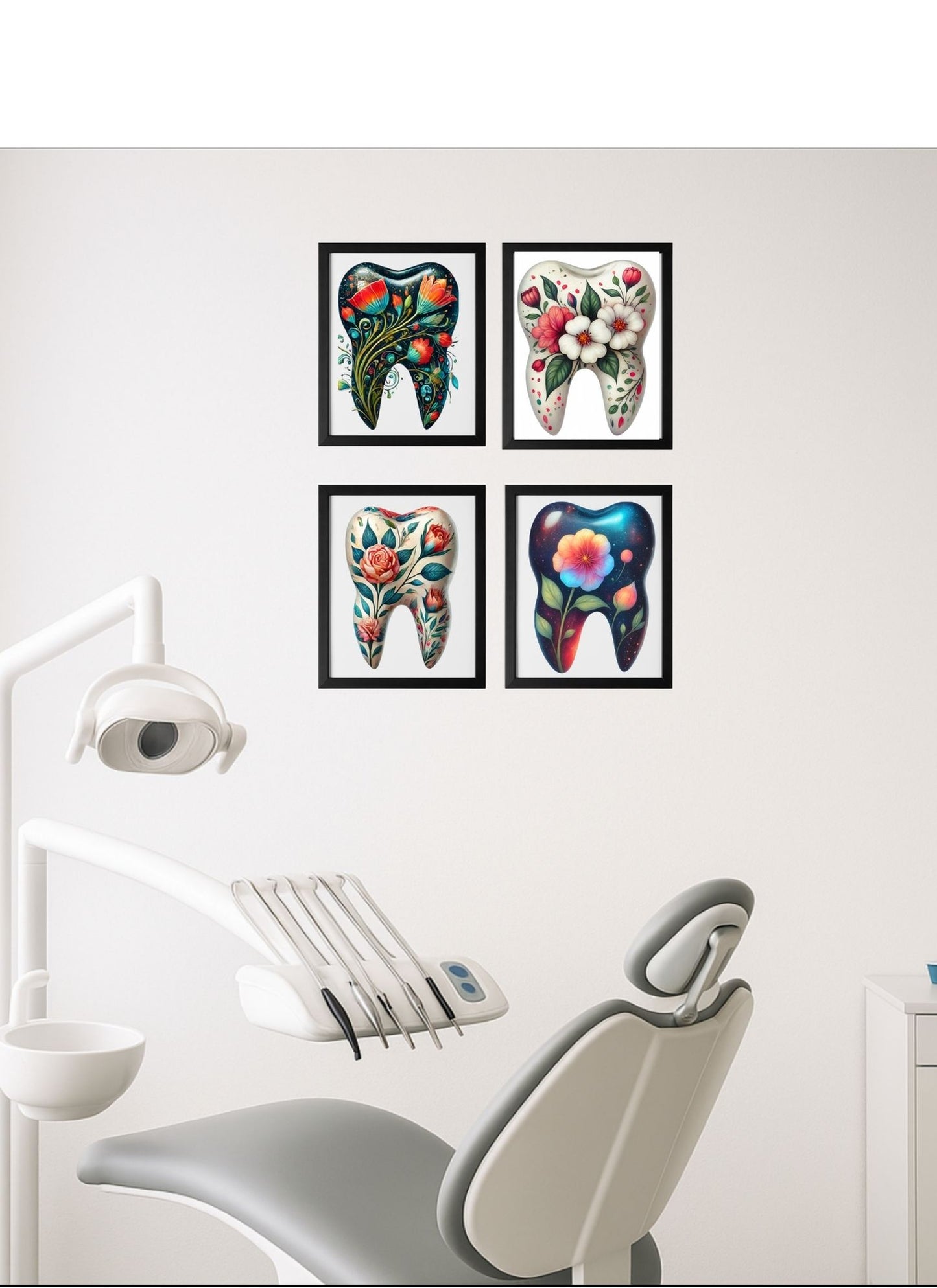 🌸🦷 Floral Tooth Art Pack – 4 Pack (Aesthetic Dental Office Décor)