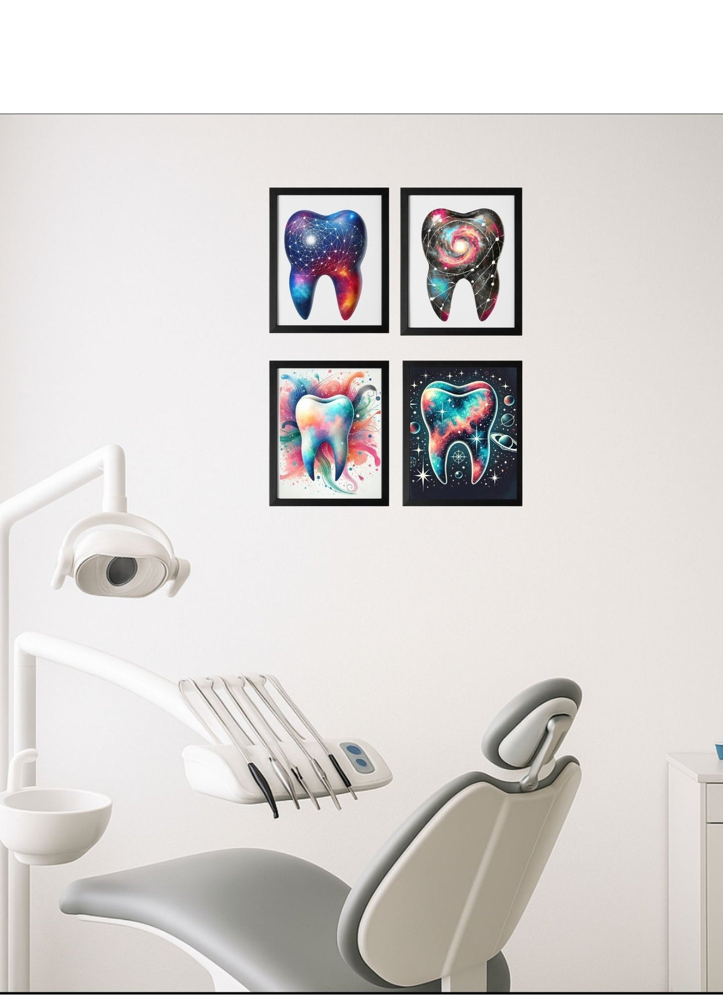 Cosmic Molar Collection – 4-Pack Framed Galaxy Tooth Décor