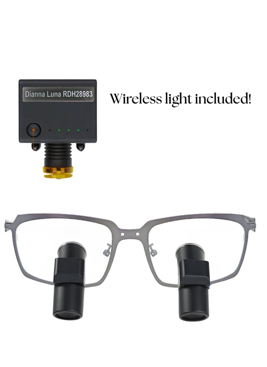 DeeTect Ergonomic Loupes (Gray Frames) With wireless headlight.