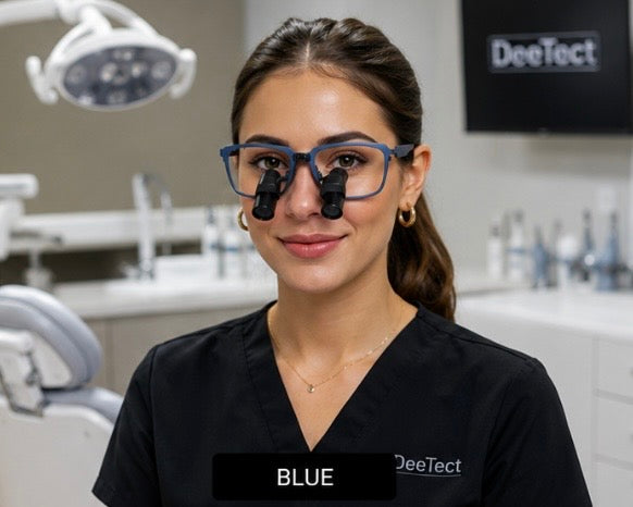 DeeTect Ergonomic loupes (Blue Frames) With wireless headlight.