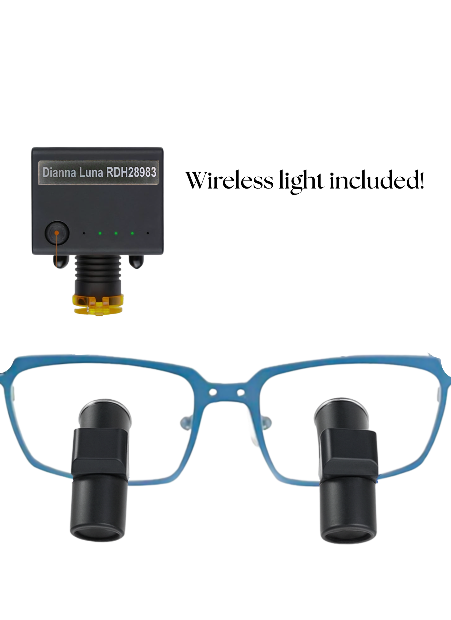 DeeTect Ergonomic Loupes (Light Blue Frames) With wireless headlight.