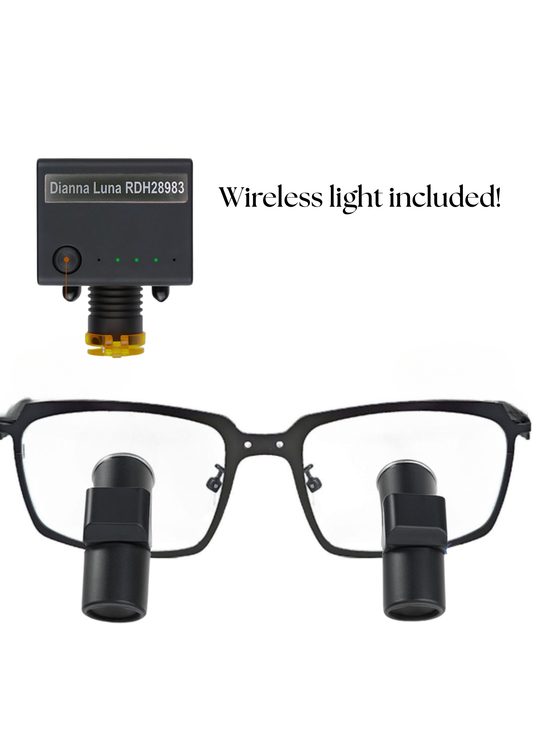 DeeTect Ergonomic loupes (Black Frames Style 2) With wireless headlight.