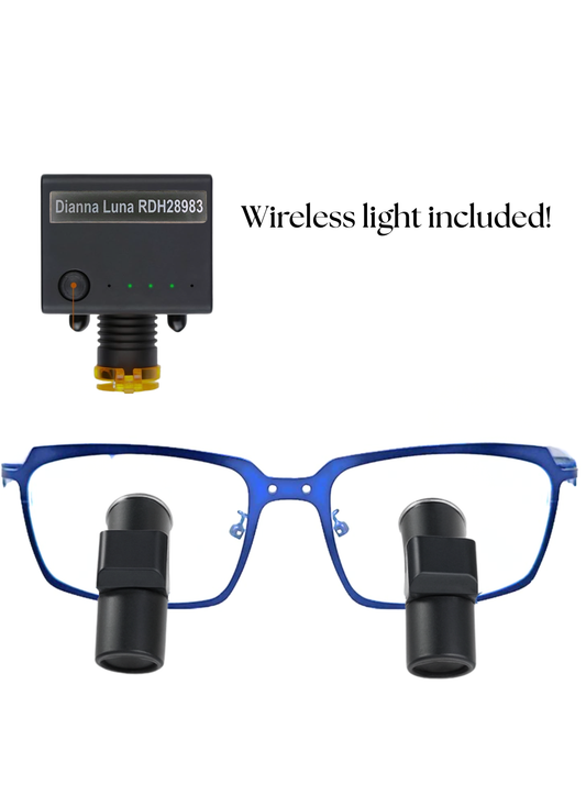 DeeTect Ergonomic loupes (Blue Frames) With wireless headlight.