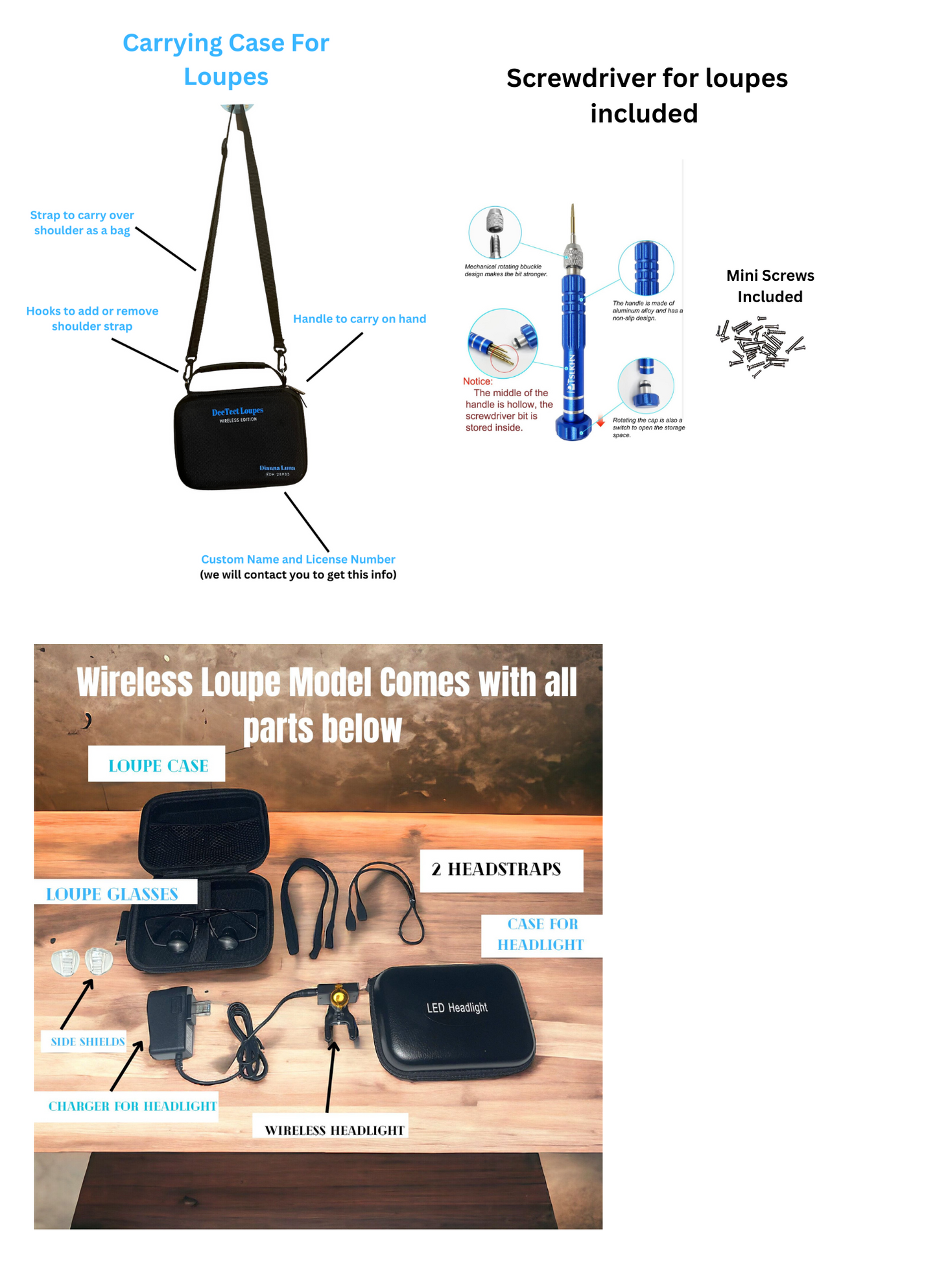 DeeTect Ergonomic loupes (Brown/gold Frames) With wireless headlight