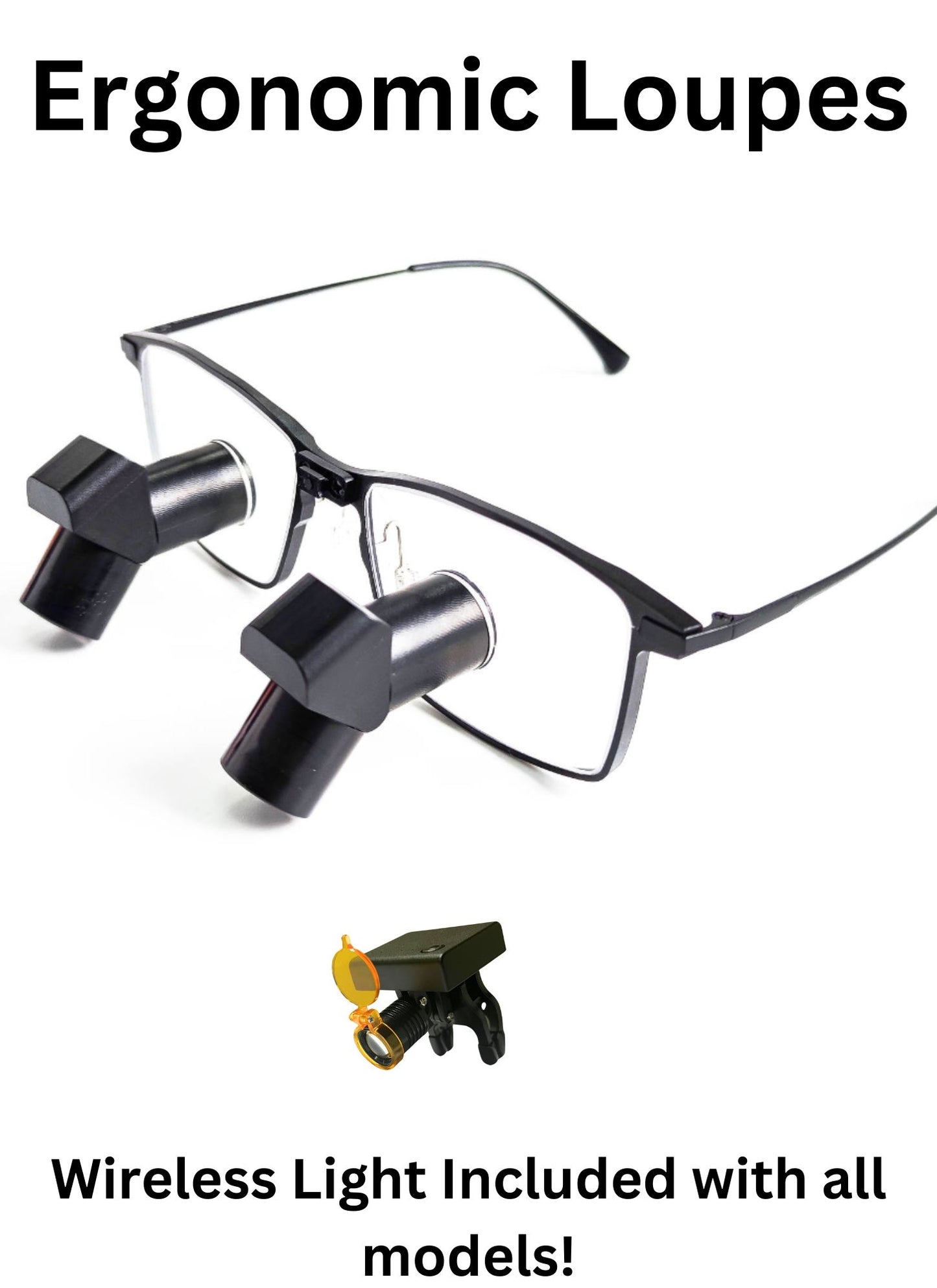 DeeTect Ergonomic loupes (Black Square Frames) With wireless headlight.